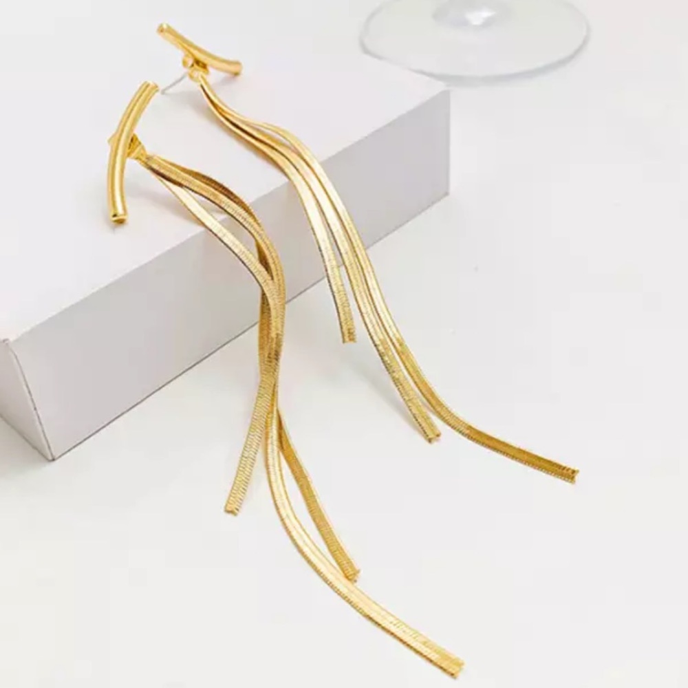 TASSEL 18K GOLD BAR LONG ARK EARRINGS, NICE EARRINGS, CUTE EARRINGS - Picture 3 of 7